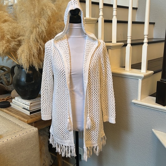J.Jill Romantic Boho White Cotton Linen Blend Knit Cardigan Size Small - Picture 2 of 9